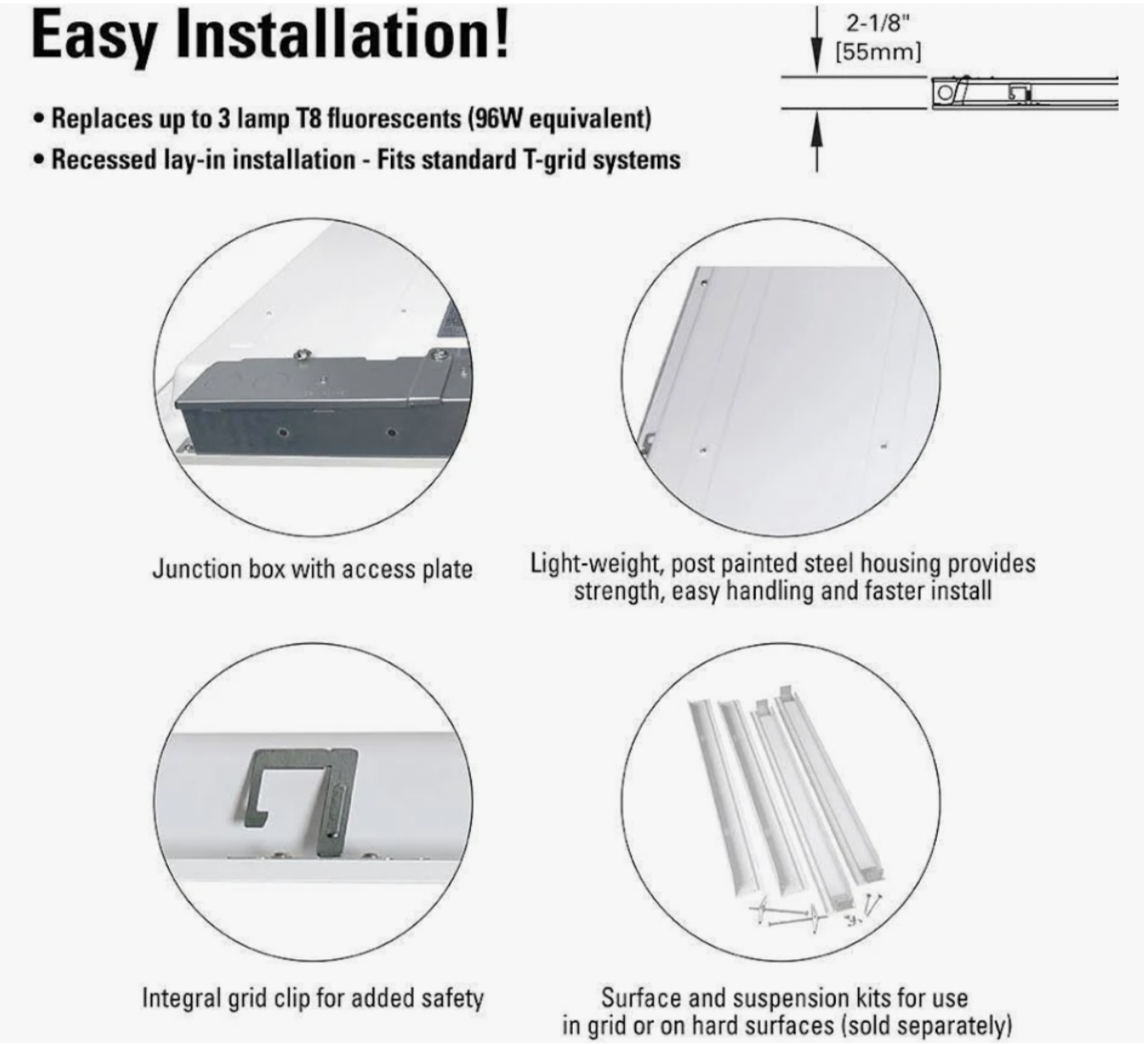 Easy installation overview showing junction box, steel housing, grid clip, and mounting kits